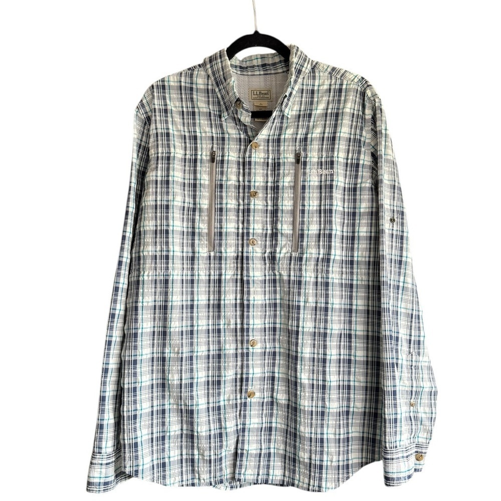 L.L.Bean No Fly Zone Plaid Button Down Shirt L Outdoor Hiking Fishing Tech G75 - Picture 1 of 7